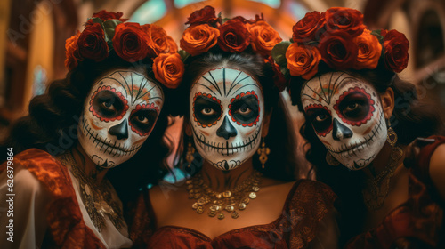 Three ladies with sugar skull makeup, Dia de los Muertos