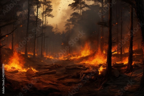 Tragic inferno ravages serene forest, Generative AI