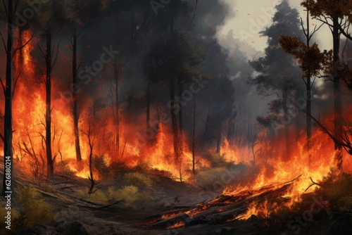 Tragic inferno ravages serene forest, Generative AI