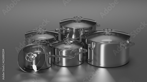 Set of steel cooking pots and pan on a white background. 3d illustration
