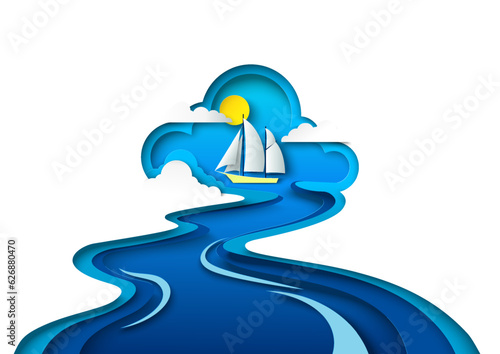 Romantic sea voyage on sailboat vector illustration in papercut style