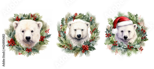character polar bear in christmas wreath watercolor ai generated photo
