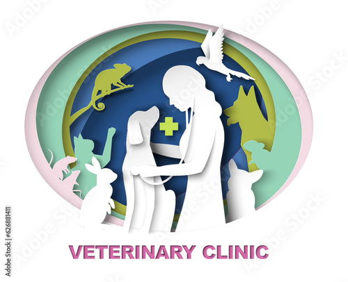 Veterinary clinic advertising poster in papercut style