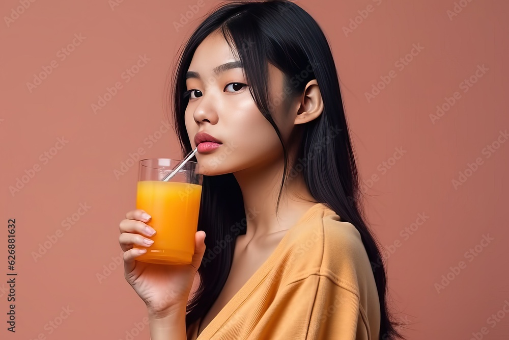 Summer drink, portrait of beautiful young asian woman drink orange juice Summer drink, portrait of beautiful young asian woman drink orange juice