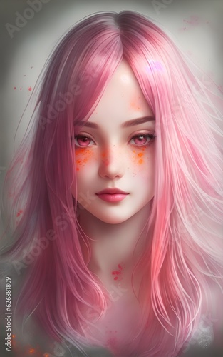 A closeup illustration  with a stunning pink hair girl - Ai Generated