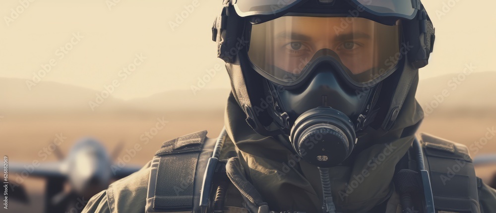 fighter pilot at airfield wearing mask and helmet, Generative AI fighter pilot at airfield wearing mask and helmet, Generative AI