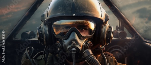 fighter pilot at airfield wearing mask and helmet, Generative AI photo