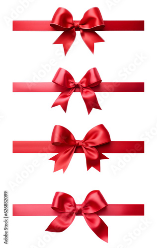 Set of red ribbon and bow, on a transparent background (PNG). Generative AI
