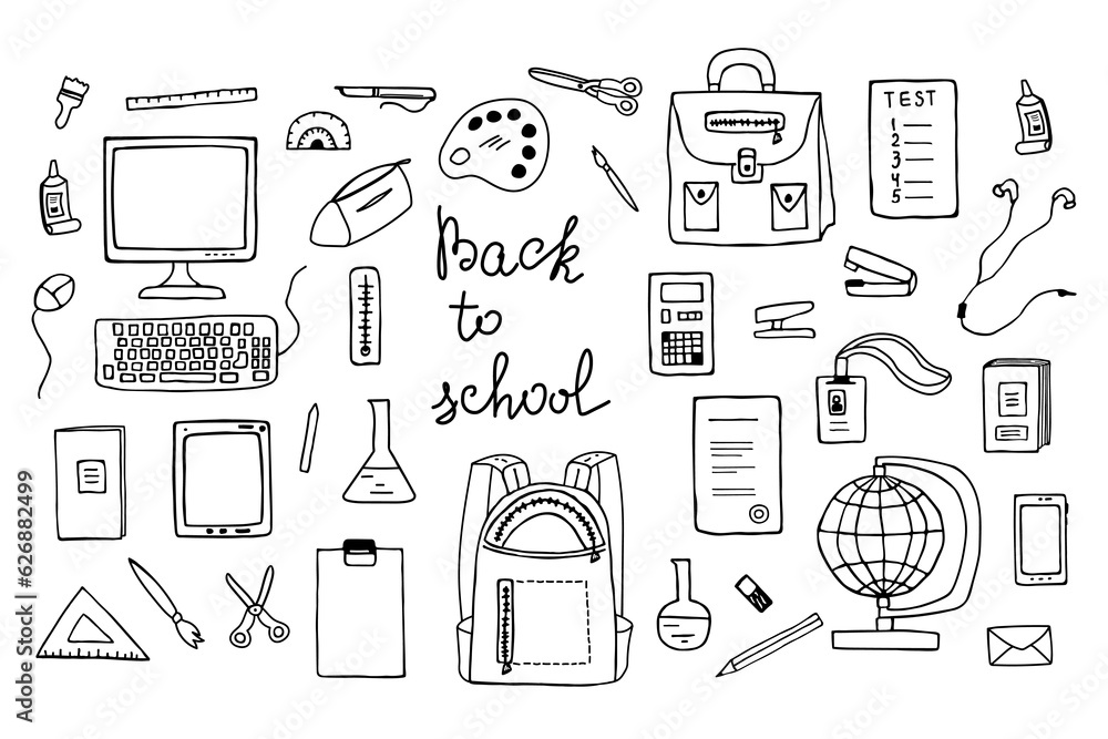 Set hand drawn school items on a sheet with lettering Back to School. Set hand drawn school items on a sheet with lettering Back to School.