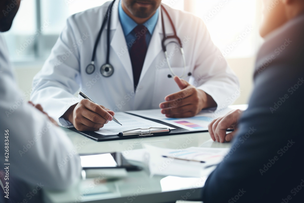A doctor, seen from behind, discussing a patient's treatment plan with a colleague during a consultation, with medical charts and papers spread out on a nearby table. Generative AI A doctor, seen from behind, discussing a patient's treatment plan with a colleague during a consultation, with medical charts and papers spread out on a nearby table. Generative AI