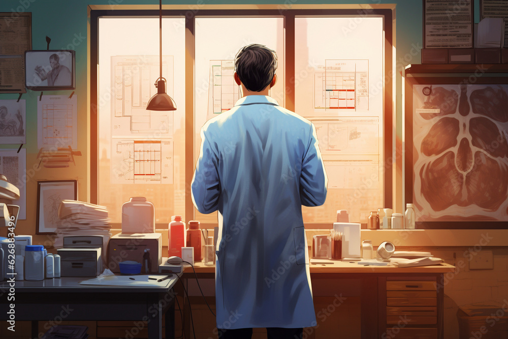 A doctor, viewed from behind, performing a physical examination on a patient in an examination room, with medical equipment and supplies on nearby shelves and a chart on the wall. Generative AI A doctor, viewed from behind, performing a physical examination on a patient in an examination room, with medical equipment and supplies on nearby shelves and a chart on the wall. Generative AI