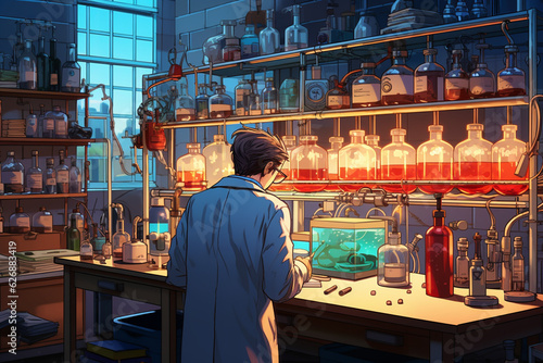 A doctor, from behind of a laboratory bench, preparing a sample for analysis, with a microscope and other scientific instruments on the bench, and shelves of chemicals and lab equi Generative AI © Maksym