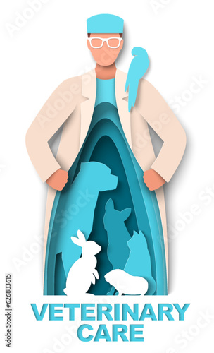 Veterinary care vector illustration with pets in doctors figure