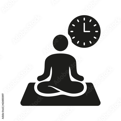 Yoga Time, Relax and Meditation Silhouette Icon. Harmony Glyph Pictogram. Mindfulness, Workout Alarm Sign. Person Sitting in Lotus Pose and Clock Solid Symbol. Isolated Vector Illustration