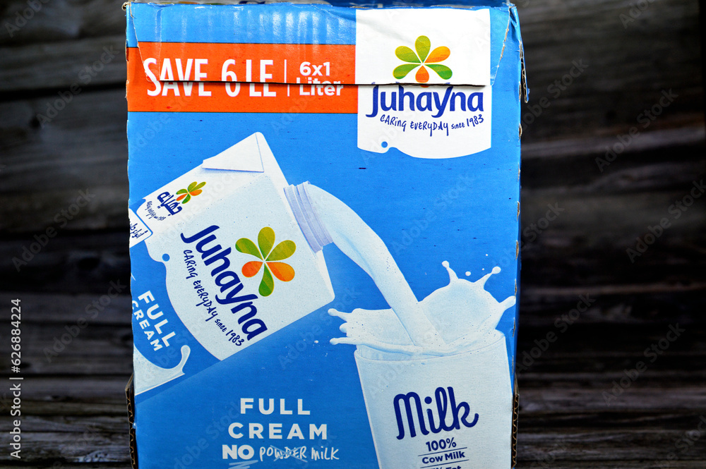 Giza, Egypt, July 21 2023 Juhayna full cream fresh cow's milk carton bottle packet of 1 Liter
