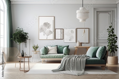 Interior of a trendy living room with a white wall. Scandinavian interior design. Generative AI