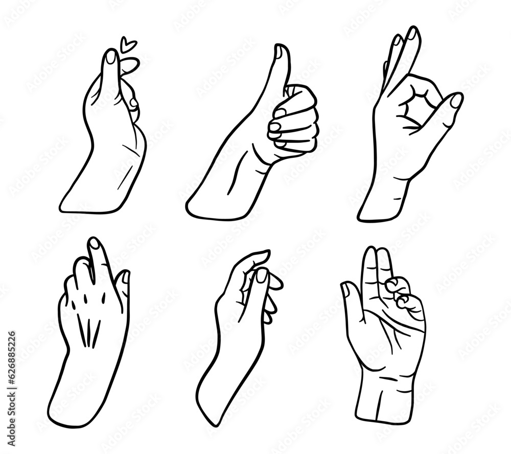 Hand gesture symbol. Doodle hand drawn hand sign. Simple web icon set. Black outline silhouette. Hand gesture symbol. Doodle hand drawn hand sign. Simple web icon set. Black outline silhouette.