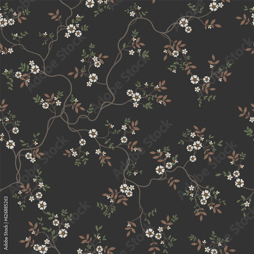 seamless pattern of flowers, branches and leaves