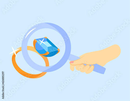 Marriage ring with big blue diamond and magnifier in hand. Cartoon golden ring, jewelry shop design element.