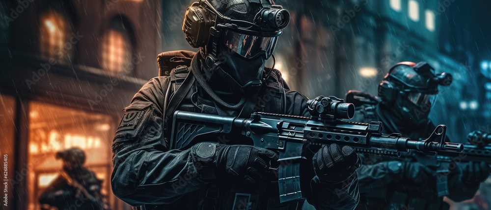 special forces soldier polices group with high technology gun and weapon working in night city, Generative AI