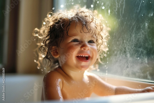 Portrait of happy smiling satisfied kid taking a bath