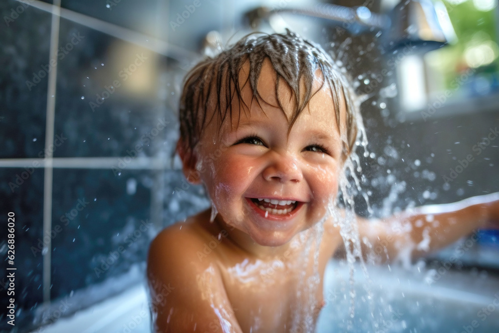 Portrait of happy smiling satisfied kid taking a bath with splashing water drops Portrait of happy smiling satisfied kid taking a bath with splashing water drops