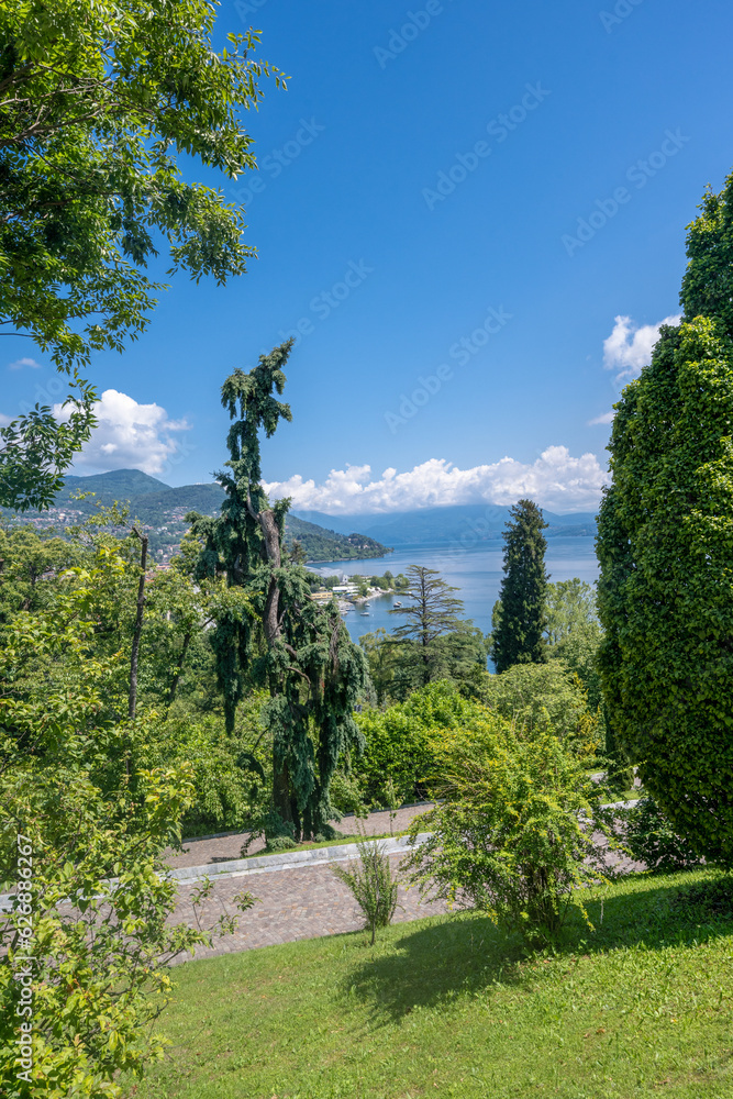 View from the Botanical Gardens of Villa Taranto to Lake Maggiore. Verbania, Piedmont, Italy.