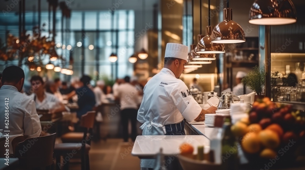 Blur coffee shop or cafe restaurant, Blurred restaurant background with some people and chefs and waiters working, Generative AI Blur coffee shop or cafe restaurant, Blurred restaurant background with some people and chefs and waiters working, Generative AI