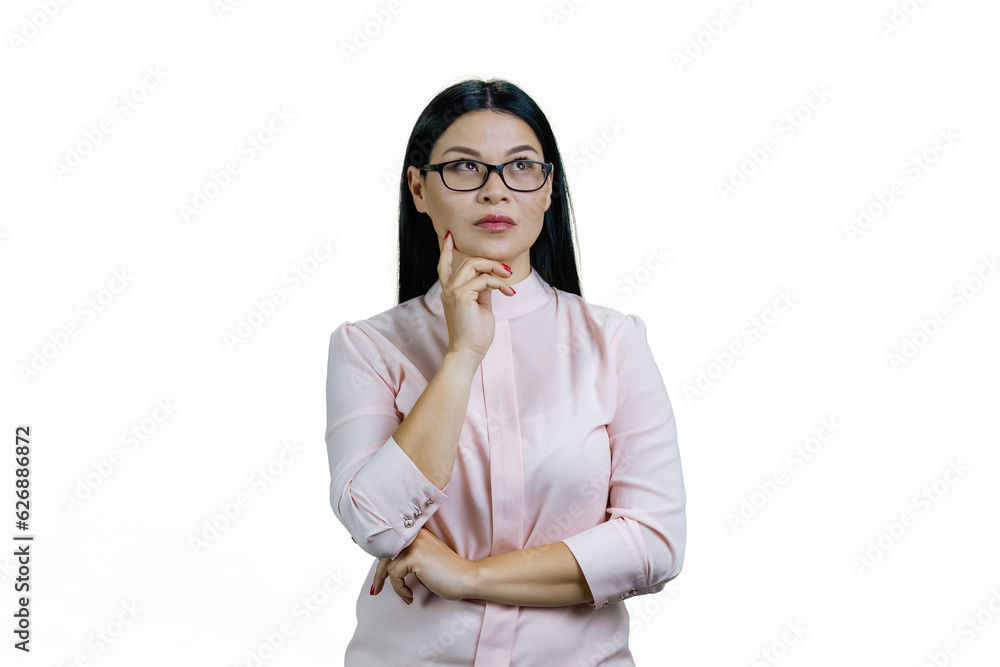 Portrait of smart thoughtful asian businesswoman is looking up. Isolated on white background. Portrait of smart thoughtful asian businesswoman is looking up. Isolated on white background.