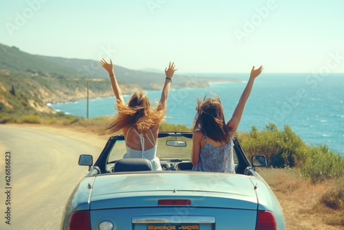 Carefree girls with hands up ride in a convertible during a holiday vacations