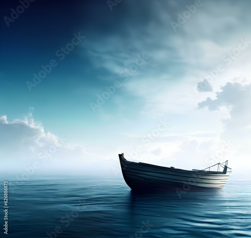Boat in the sea on a background of blue sky with clouds Generative AI