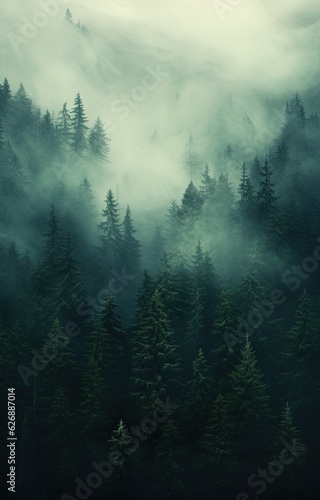 Generative AI, Misty fir forest beautiful landscape in hipster vintage retro style, foggy mountains and trees.