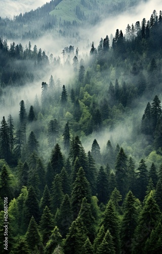 Generative AI  Misty fir forest beautiful landscape in hipster vintage retro style  foggy mountains and trees.
