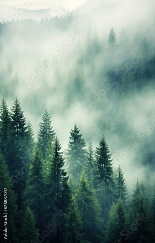 Generative AI, Misty fir forest beautiful landscape in hipster vintage retro style, foggy mountains and trees. © DELstudio