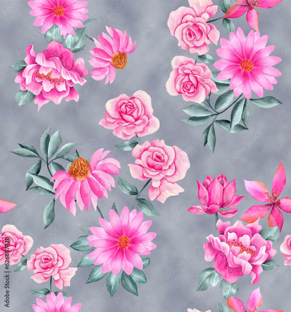 Watercolor flowers pattern, pink tropical elements, green leaves, gray background, seamless