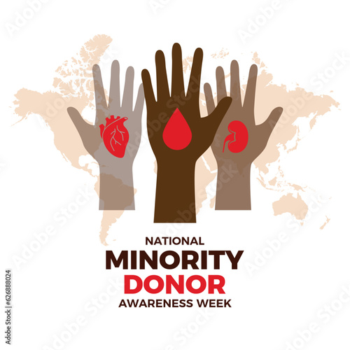 National Minority Donor Awareness Week vector illustration. Human hands up and organs vector. Voluntary blood donor raised hand up silhouette. Blood and organ donation symbol. First week of August
