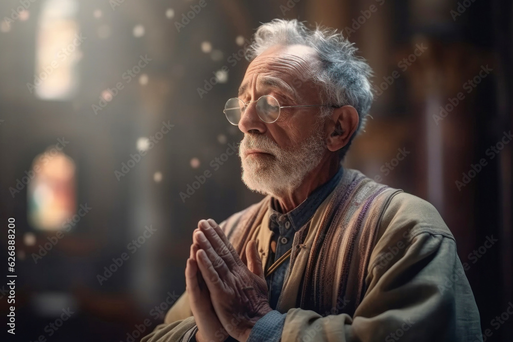 Portrait of a pastor with closed eyes and praying hands in church Portrait of a pastor with closed eyes and praying hands in church