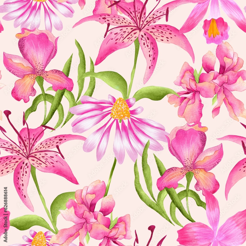 Watercolor flowers pattern, pink background, seamless, romantic roses, green leaves