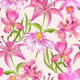 Watercolor flowers pattern, pink background, seamless, romantic roses, green leaves