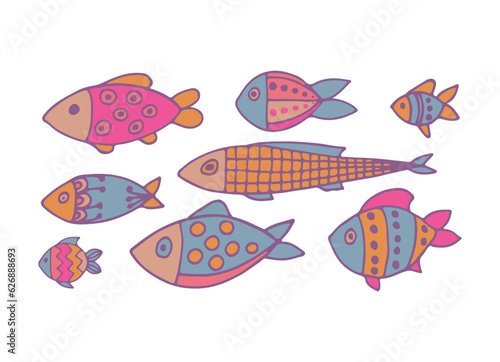 Set with hand drawn cartoon slaves. Vector doodle cartoon set of sea life objects for your design. flat design. vector