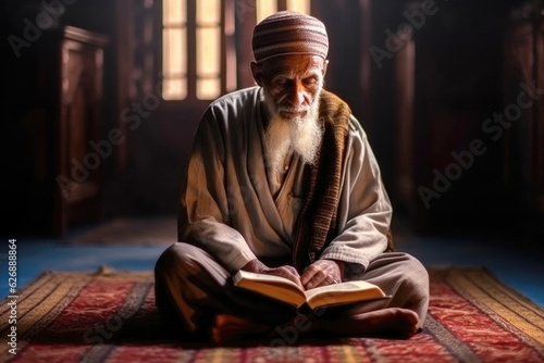 Old muslim man reading quran during praying