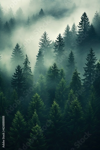 Generative AI  Misty fir forest beautiful landscape in hipster vintage retro style  foggy mountains and trees.