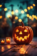 halloween pumpkin on a dark background with bokeh light . 