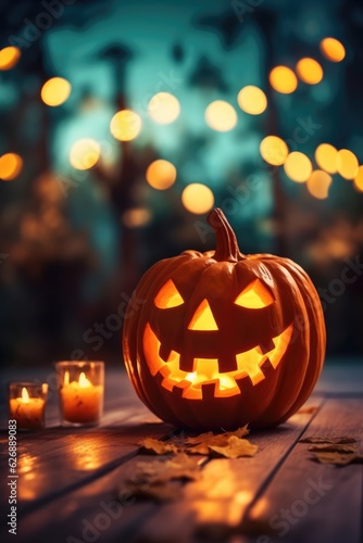 halloween pumpkin on a dark background with bokeh light . 