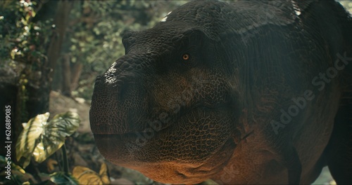 Tyrannosaurus walks through the Jurassic jungle. The Age of Dinosaurs. T-rex hunting. 3D rendering
