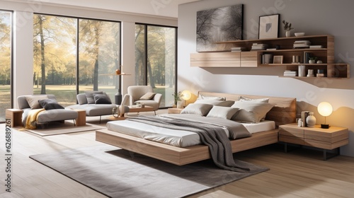 Yellow and warm modern bedroom with neutral wooden interior. AI Generative. © ND STOCK