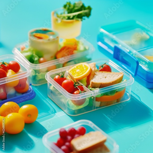 Homemade sandwiches with vegetables and eggs in colourful lunchboxes, fresh fruits