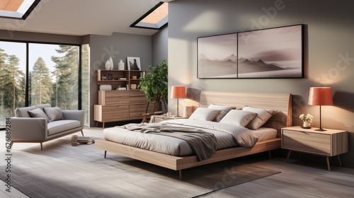Yellow and warm modern bedroom with neutral wooden interior. AI Generative. © ND STOCK