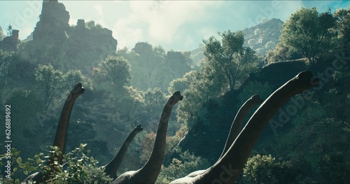 Tableau sur toile Brachiosaurus herd, sauropod walking in search of food