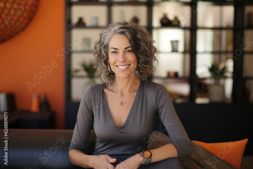 A smiling woman at home, embracing the beauty of a peaceful spa-like environment. Whether in a cafe or as a business coach, her serene lifestyle inspires health and happiness.  SereneBeauty  HealthyLi © BrightSpace